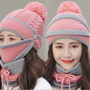 COPY - 4pcs woman winter beanie knit hat warm set cute Pom Pom scarf Gloves fac…